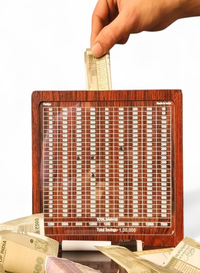 فيدلايز حصالة نقود خشبية من فيدليز، صندوق نقود للأطفال، صندوق تحدي الادخار، صندوق نقود، حصالة نقود خشبية (بني، 100,000 روبية) قابلة لإعادة الاستخدام/التبديل - Image 1